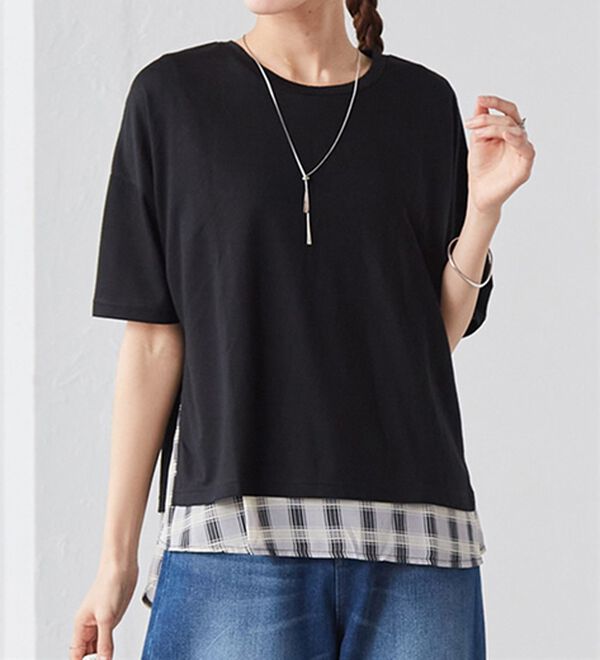 RANAN（ラナン）の「チェック柄異素材使いTシャツ（チュニック）」｜詳細画像