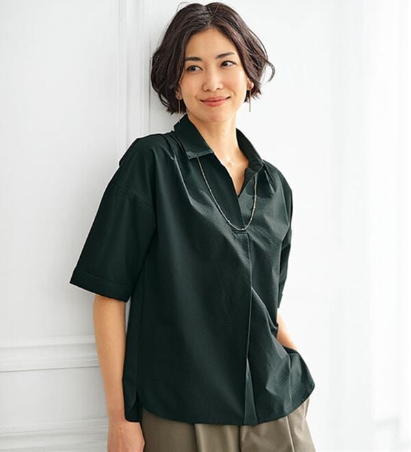 BELLUNA（ベルーナ）の「エアリーサッカー素材スキッパーブラウス（ブラウス）」｜黒