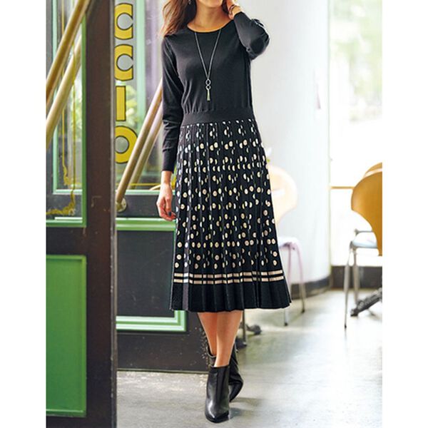 BELLUNA（ベルーナ）の「ニットプリーツ使いドット柄ジャカードワンピースアンサンブル（ニットワンピース）」｜詳細画像