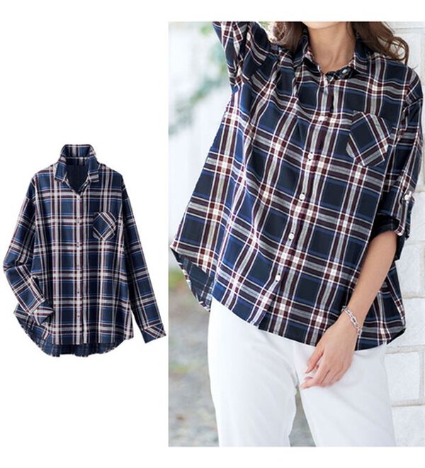 BELLUNA（ベルーナ）の「コットン・テンセル（ＴＭ）繊維　裏サラＵＶカットシャツ（シャツ）」｜ネイビーチェック