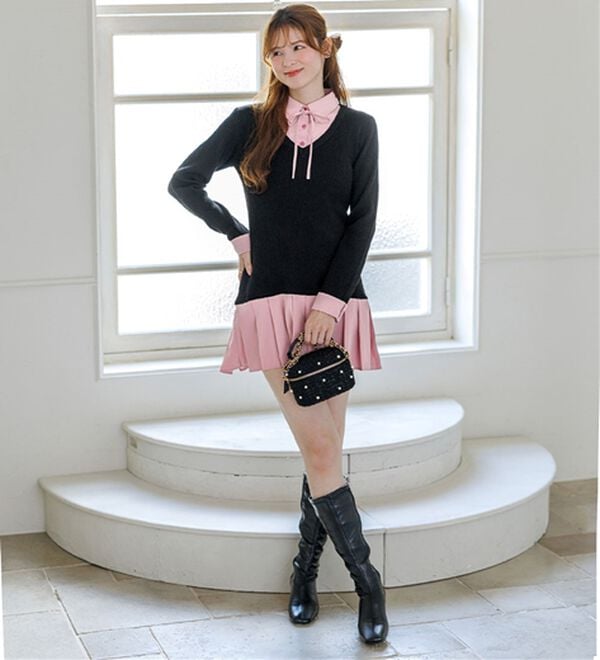 alotta（アロッタ）の「【Corie】シャツドッキングプリーツワンピース（ドッキングワンピース）」｜詳細画像