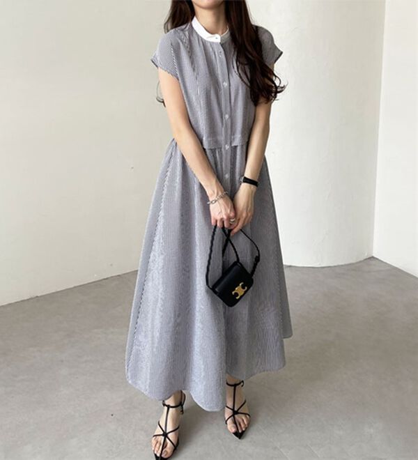 GeeRA（ジーラ）の「クレリック配色ウエストギャザーシャツワンピ―ス（シャツワンピース）」｜詳細画像