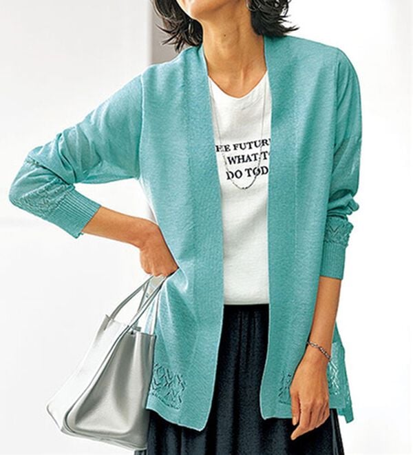 BELLUNA（ベルーナ）の「幾何柄デザイン杢調トッパーカーディガン（ニットカーディガン）」｜セージ