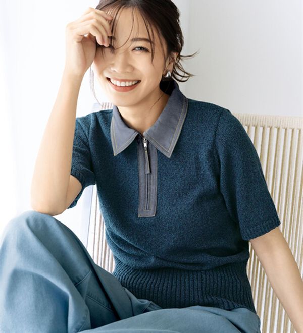 BELLUNA（ベルーナ）の「衿元デニム切替ニットポロシャツ（ニット・セーター）」｜ネイビー