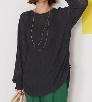 BELLUNA（ベルーナ）の「程よい透け感！メッシュ素材ドロスト使いチュニック（チュニック）」｜チャコール