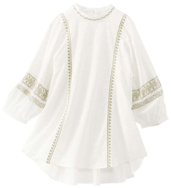 BELLUNA（ベルーナ）の「綿１００％インド刺しゅうハイネックブラウス（ブラウス）」｜オフホワイト