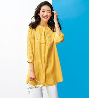 BELLUNA（ベルーナ）の「シアー素材マーガレットレース使いチュニック（チュニック）」｜オレンジ