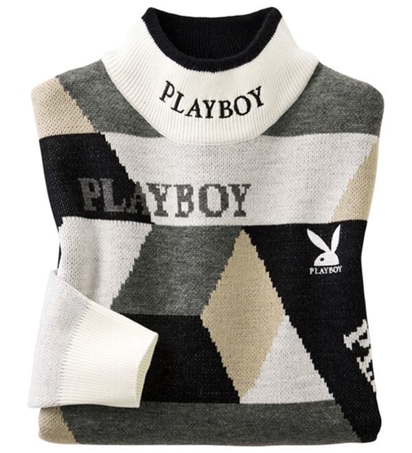 「＜プレイボーイ＞ジャカードハイネックセーター（メンズニット・セーター）」｜ホワイト