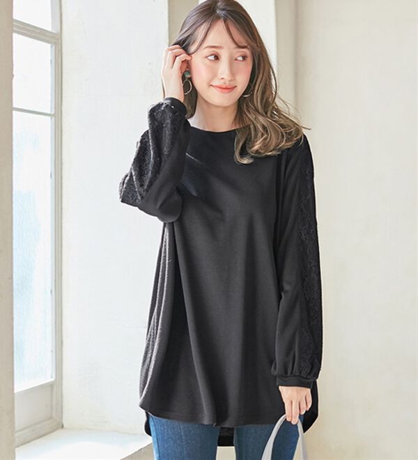 alotta（アロッタ）の「袖レース付デザインチュニック（チュニック）」｜ブラック