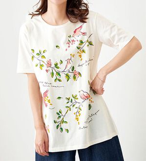 BELLUNA（ベルーナ）の「綿１００％プリントＴシャツ（Tシャツ）」｜白・鳥