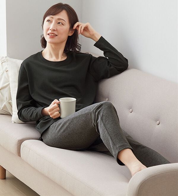 「リカバリーケア上下セットレディース（パジャマ・ルームウェア）」｜長袖(黒&times;杢グレー)