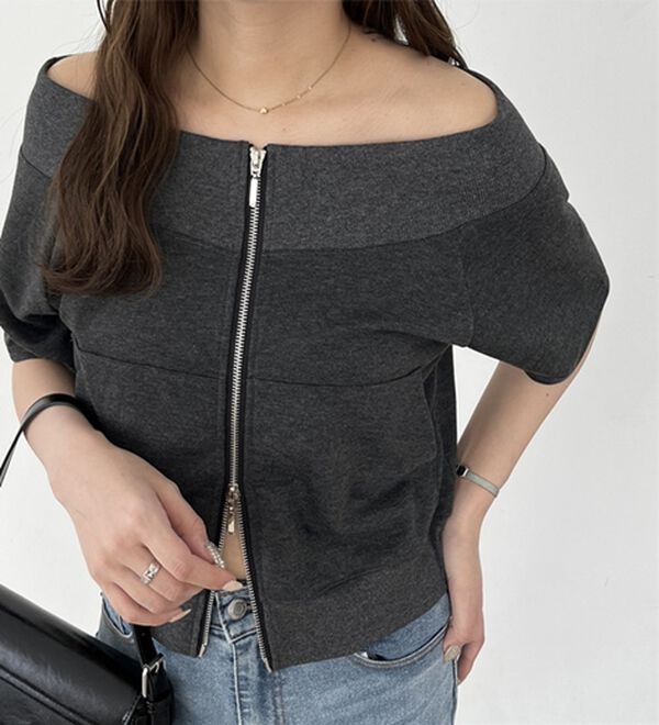 GeeRA（ジーラ）の「ＺＩＰオフショルカットソー（カットソー）」｜チャコール