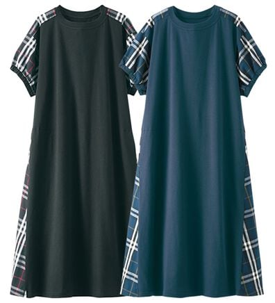 BELLUNA（ベルーナ）の「【２枚組】チェック使いランタンスリーブワンピース（カットソーワンピース）」