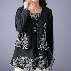 BELLUNA（ベルーナ）の「配色刺しゅう使いチュニックアンサンブル（チュニック）」｜黒