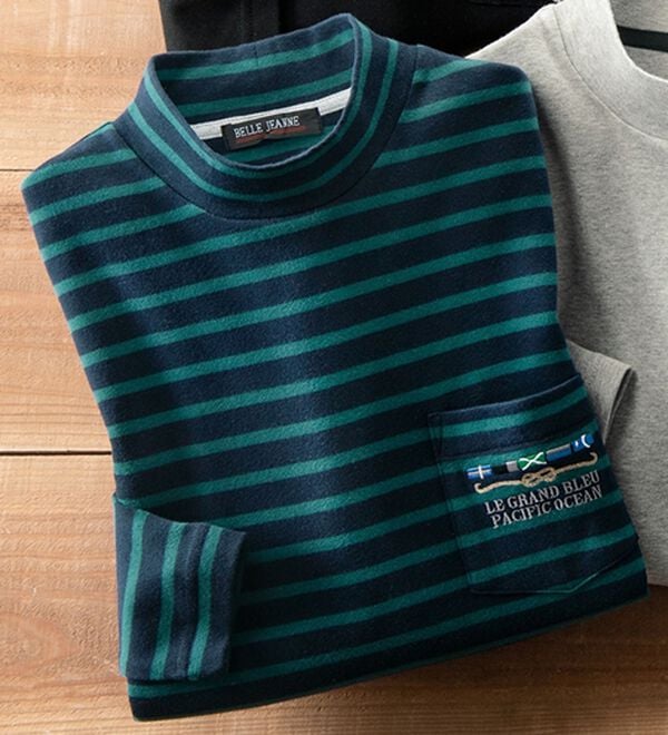 「綿１００％吸湿発熱ハイネックシャツ（メンズカットソー）」｜グリーンボーダー