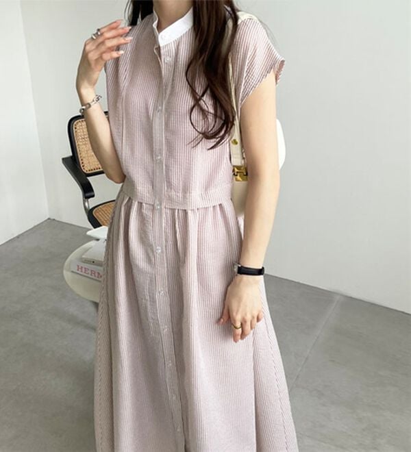 GeeRA（ジーラ）の「クレリック配色ウエストギャザーシャツワンピ―ス（シャツワンピース）」｜詳細画像