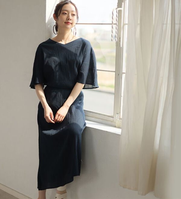 A HAPPY MARILYN（アハッピーマリリン）の「風通る 綿 楊柳 フレア袖 ウエストゴム ワンピース（カットソーワンピース）」｜詳細画像