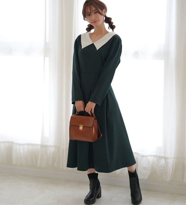 A HAPPY MARILYN（アハッピーマリリン）の「【Ｌ～６Ｌ】【ＭａｒｉｌｙｎＳｗｅｅｔ】体型別フェミニン ボリュームフレアワンピース（ロングワンピース）」｜ダスティグリーン