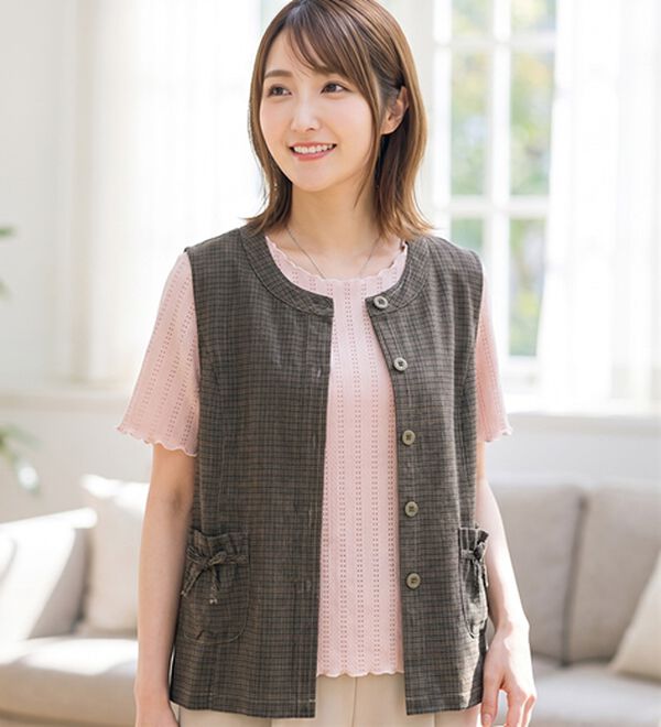 ルフラン（ルフラン）の「リボンポケットの裏チェックベスト（ベスト）」｜詳細画像