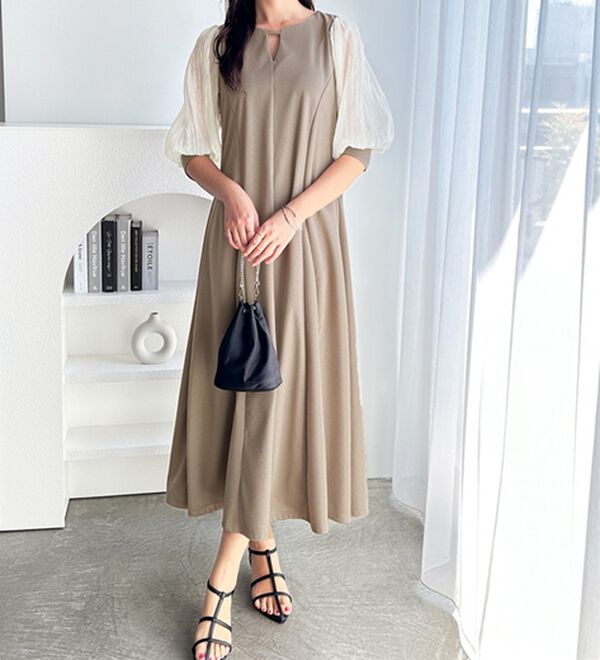 GeeRA（ジーラ）の「袖楊柳シアー美ラインワンピース（カットソーワンピース）」｜詳細画像