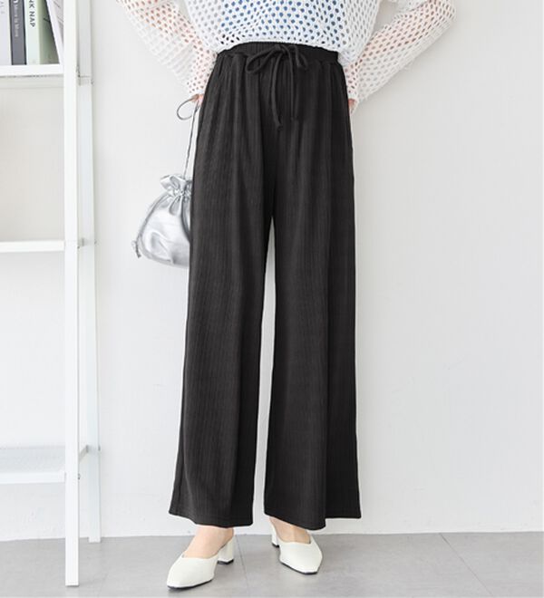 alotta（アロッタ）の「【選べる丈】のびのびストレッチリブワイドパンツ（クロップドパンツ）」｜ブラック フルレングス丈
