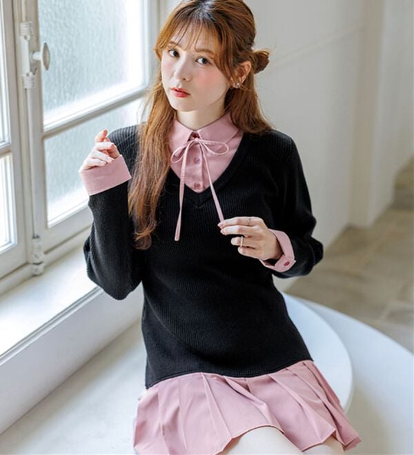 alotta（アロッタ）の「【Corie】シャツドッキングプリーツワンピース（ドッキングワンピース）」｜詳細画像