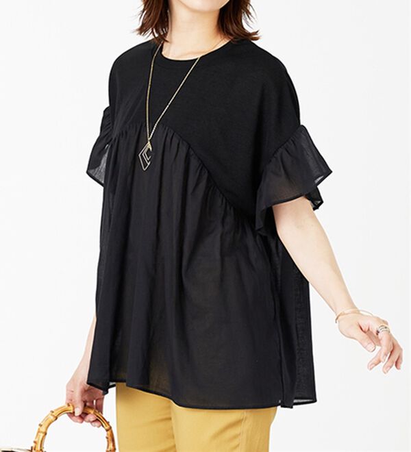 BELLUNA（ベルーナ）の「【Ｌａｇｒｉｌｕａ】異素材使いギャザーチュニック（カットソー）」｜詳細画像