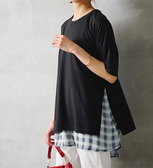 RANAN（ラナン）の「チェック柄異素材使いTシャツ（カットソー）」｜詳細画像