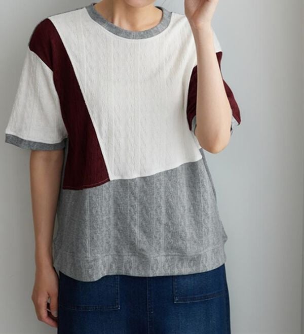 BELLUNA（ベルーナ）の「ミニケーブル柄パッチワーク風プルオーバー（カットソー）」｜詳細画像