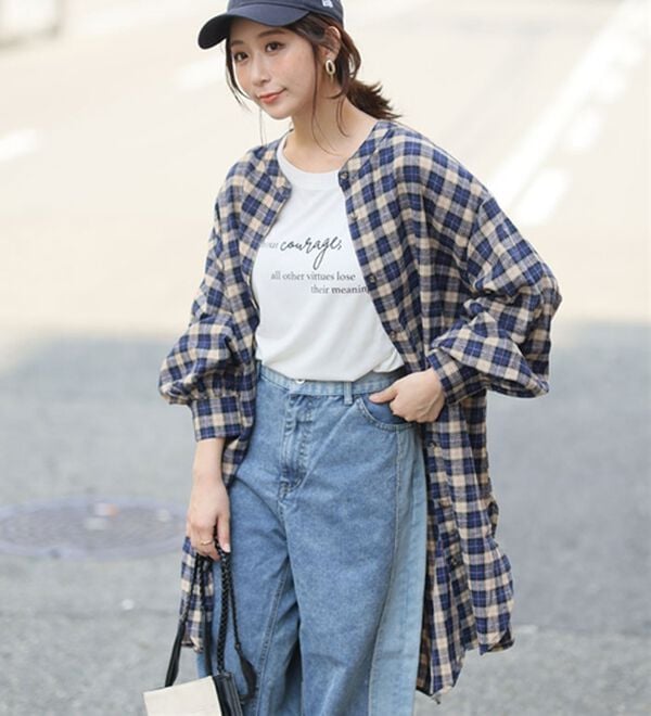 A HAPPY MARILYN（アハッピーマリリン）の「【ＬＬ～８Ｌ】フランネルバンドカラー裾ラウンドチェックチュニック（チュニックワンピース）」｜詳細画像