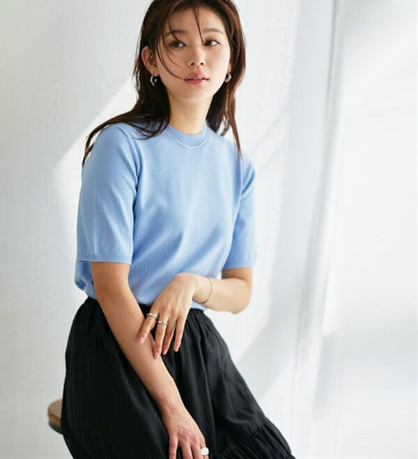 Pierrot（ピエロ）の「【洗濯機で洗える】【ＵＶカット】シルクタッチ半袖ニット（ニット・セーター）」｜詳細画像