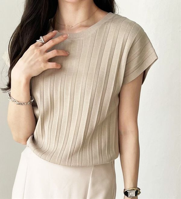 GeeRA（ジーラ）の「プリーツ編フレンチスリーブリブトップス（ニット・セーター）」｜詳細画像