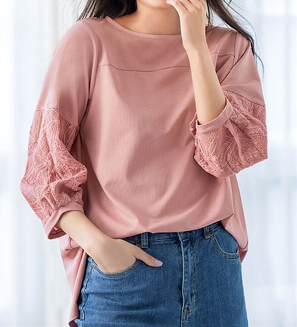 RANAN（ラナン）の「機能付！袖レース切替ロング丈カットソー（チュニック）」｜詳細画像