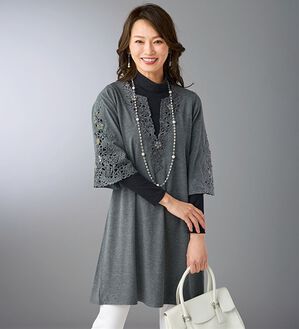 BELLUNA（ベルーナ）の「カットワーク刺しゅうデザインチュニック（チュニック）」｜杢グレー