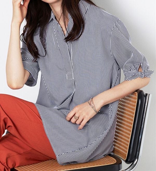 BELLUNA（ベルーナ）の「【接触冷感】麻調素材袖リボン使いシャツチュニック（チュニック）」｜詳細画像