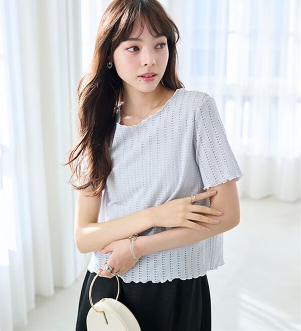 RANAN（ラナン）の「透かし柄メロー配色Ｔシャツ（カットソー）」｜詳細画像