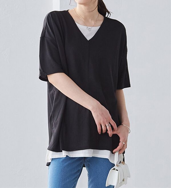 RANAN（ラナン）の「レイヤード風ニットソー半袖チュニック（チュニック）」｜詳細画像