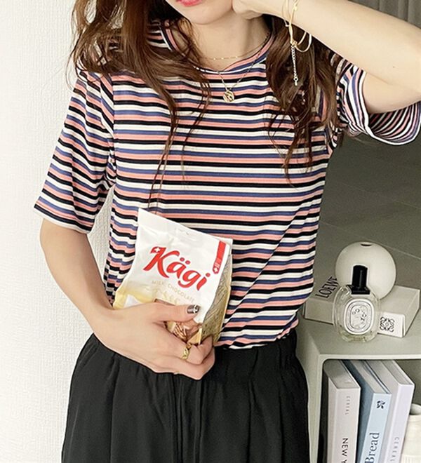 GeeRA（ジーラ）の「マルチボーダー５分袖リブカットソー（カットソー）」｜詳細画像