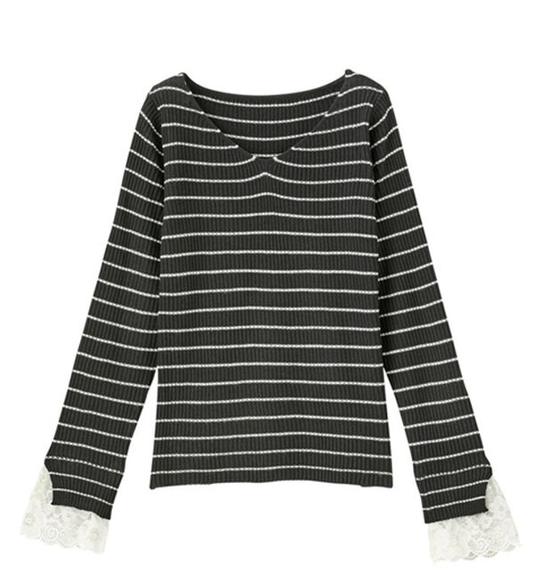 GeeRA（ジーラ）の「レース付Ｖネックリブニットトップス（ニット・セーター）」｜黒系ボーダー
