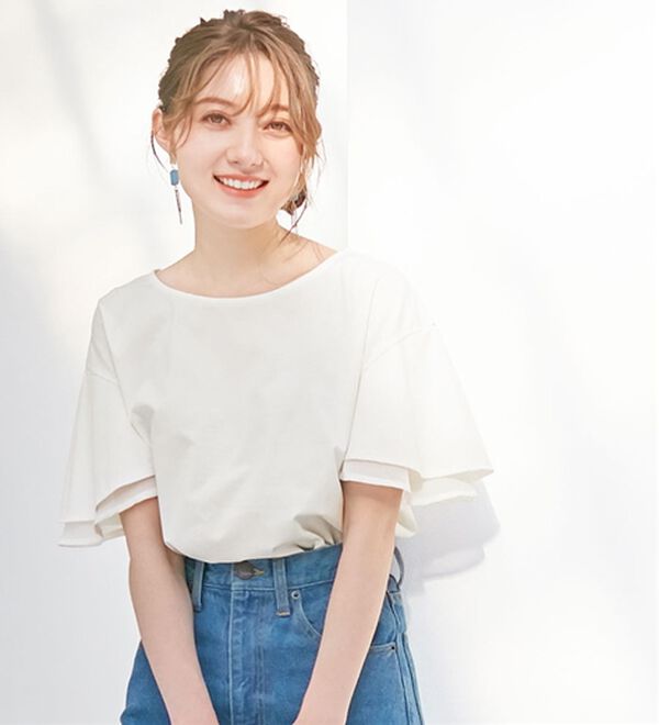 alotta（アロッタ）の「【接触冷感】シルケット素材袖シフォン使いトップス（カットソー）」｜オフホワイト