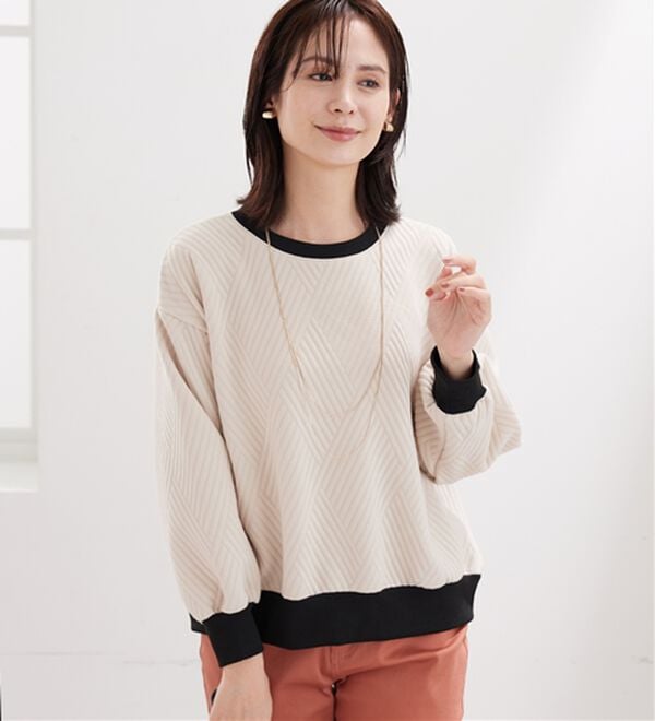 BELLUNA（ベルーナ）の「【新色追加】幾何柄ジャカード配色リブプルオーバー（カットソー）」｜アイボリー