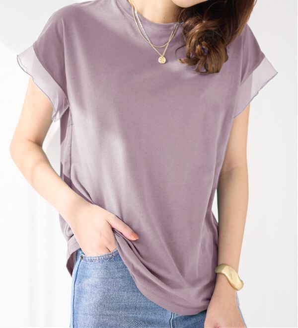 alotta（アロッタ）の「１枚でこなれ感！袖チュールデザイン綿混Ｔシャツ（Tシャツ）」｜ラベンダーグレー
