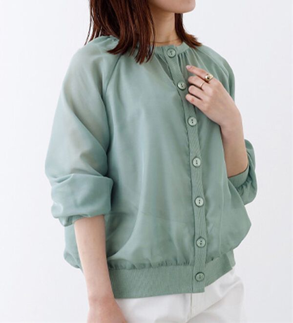 BELLUNA（ベルーナ）の「シアー素材リブ切替カーディガン（ニットカーディガン）」｜ミント