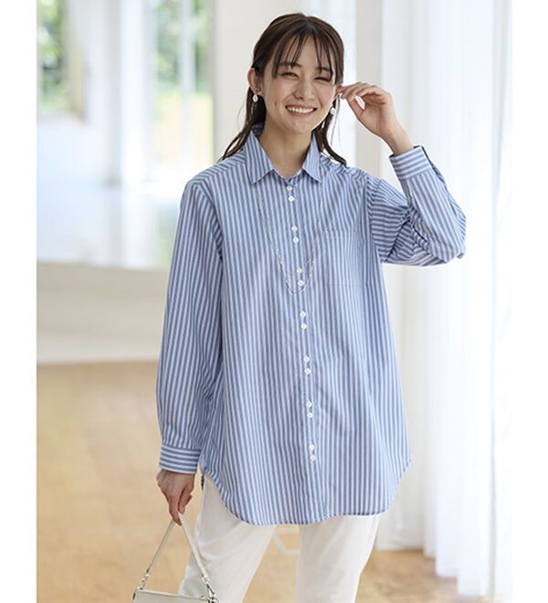 IENA メランジルーズシャツ　期間限定値引き　11000円 セール】□新色追加【neos】ルーズシルエット ピンストライプ ロング