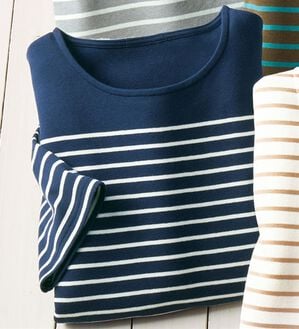 BELLUNA（ベルーナ）の「＜＆ｃｏｃｏｃｈｉ＞ハピネスコットン１００％なめらかボーダープルオーバー（カットソー）」｜ネイビー&times;白