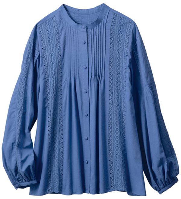 VINNO（ヴィノ）の「綿１００％ピンタック使いレースブラウス（ブラウス）」｜ブルー