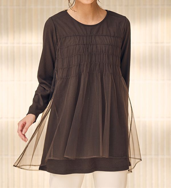 RANAN（ラナン）の「ふんわりあったか素材チュール重ねチュニック（チュニック）」｜ブラウン