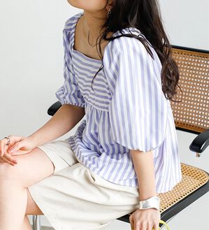 GeeRA（ジーラ）の「スクエアネックストライプ切替ブラウス（ブラウス）」｜ラベンダー系