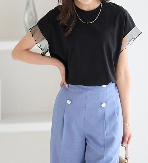 alotta（アロッタ）の「１枚でこなれ感！袖チュールデザイン綿混Ｔシャツ（Tシャツ）」｜詳細画像