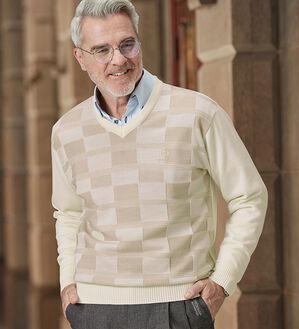 「＜ダンロップ・リファインド＞日本製ブロック柄Ｖセーター（メンズニット・セーター）」｜詳細画像